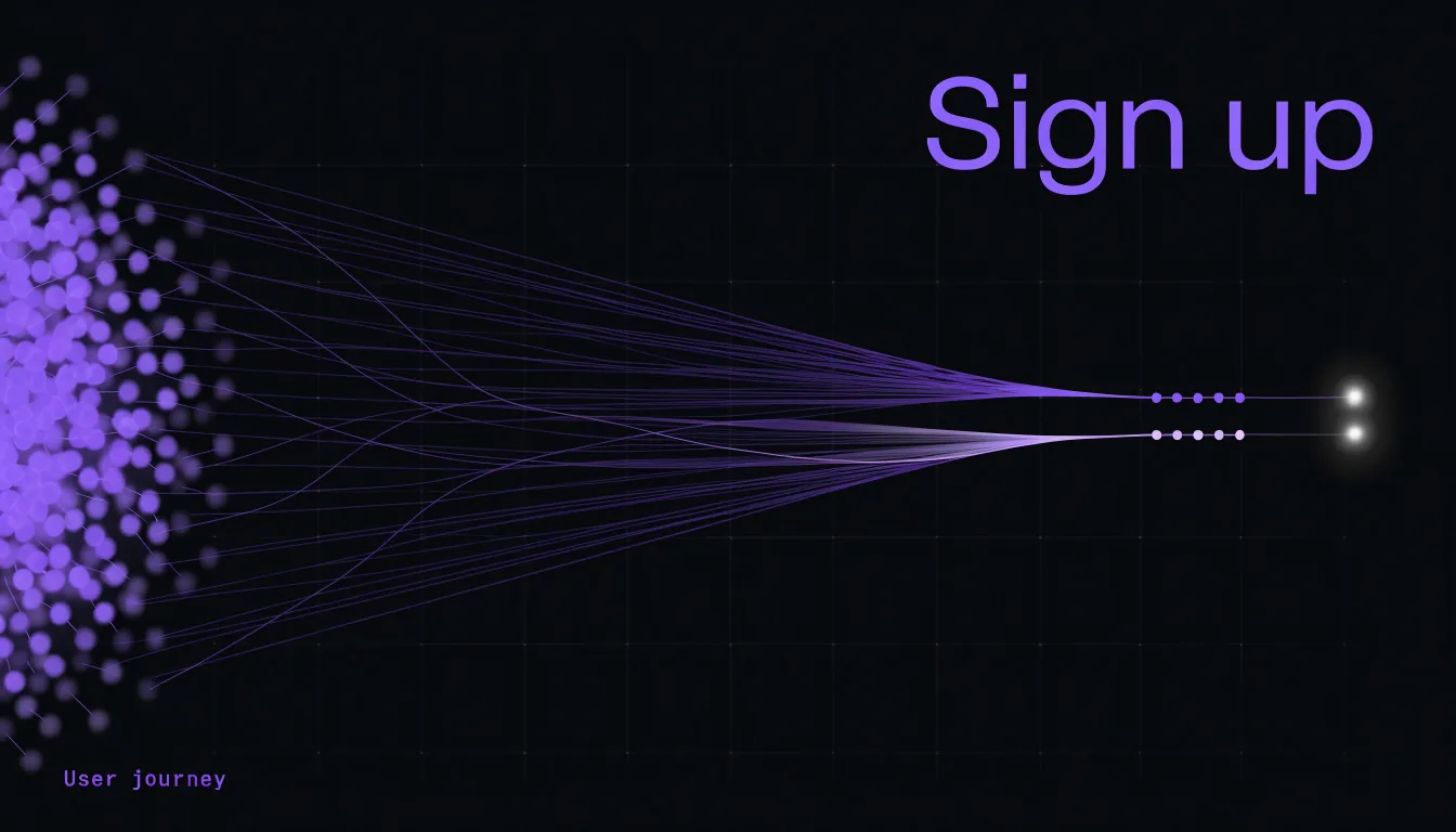 Illustration: A wide funnel of soft light: many small points on the left narrowing into a few bright sign-up points on the right, two coloured streams merging