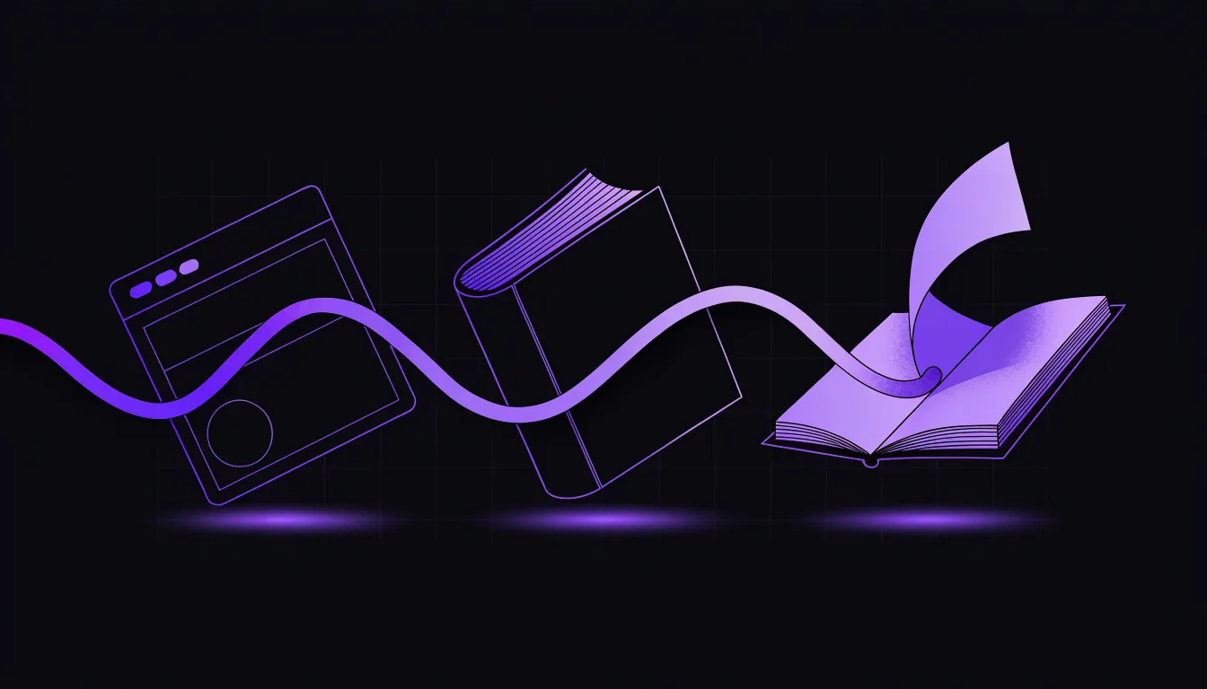 Illustration: Three paper-craft objects floating in a row: a website window, a printed book, a flipbook with a turning page, joined by one shared thread