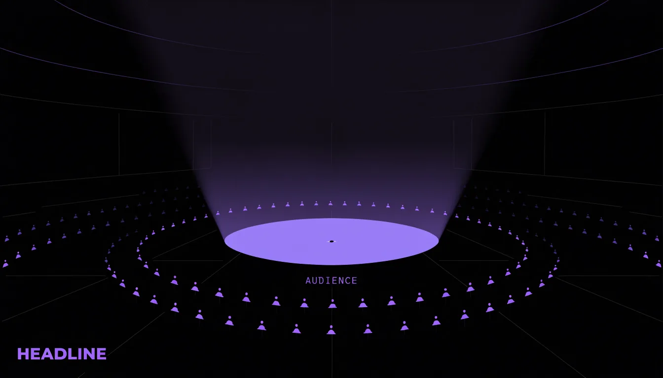 Illustration: A dark empty stage with one spotlight and a growing ring of small lights around it, the audience building up