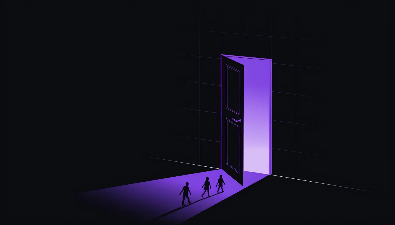 Illustration: A single glowing door in a dark wall opening onto a lit portal, a few small silhouettes arriving: from nothing to live