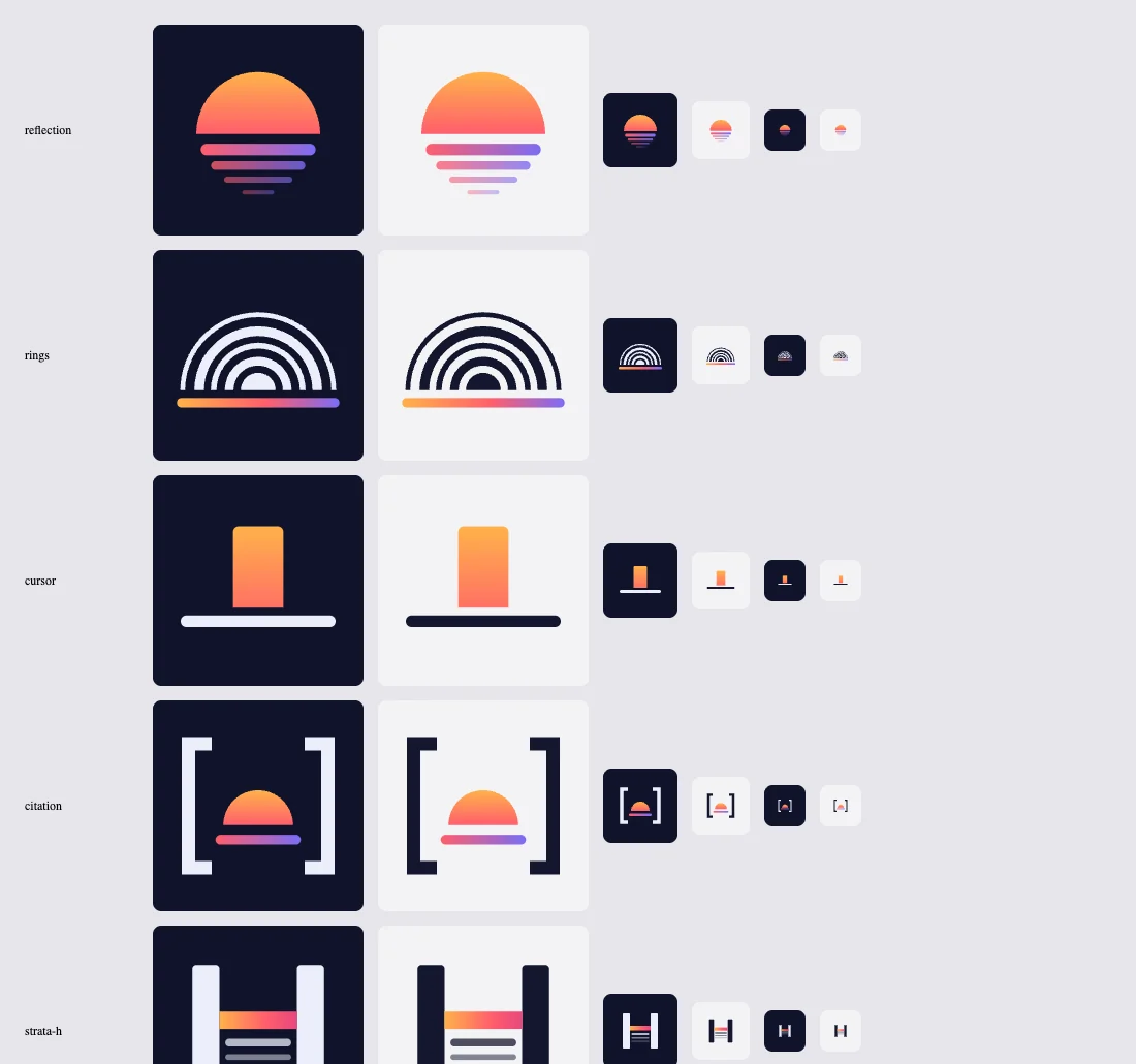 Directions we explored. Five mark directions and six typefaces for the wordmark, side by side. The citation mark, brackets around a half sun on a horizon, was chosen.