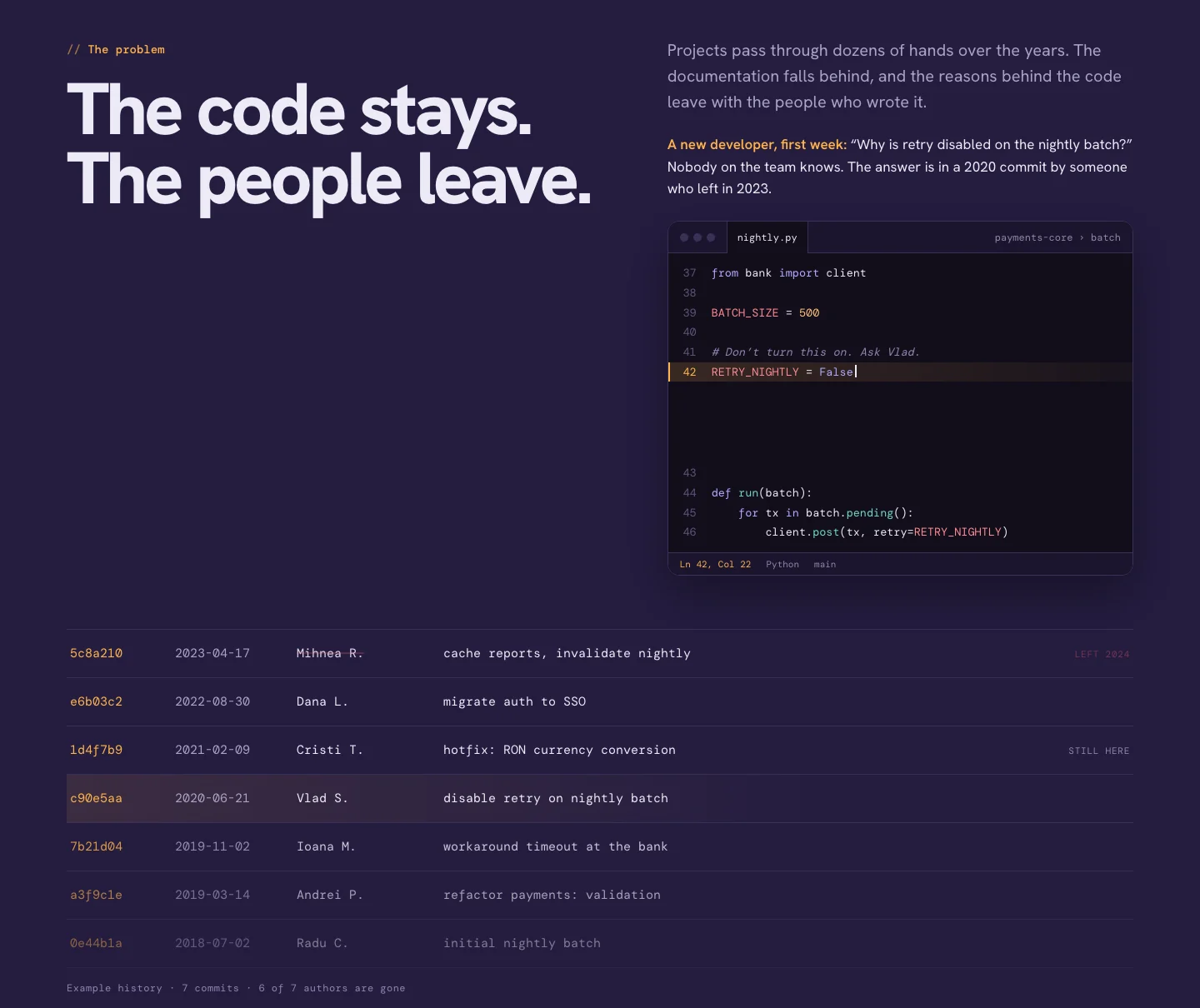 The problem. The code stays. The people leave. An example history shows how the reason gets lost.