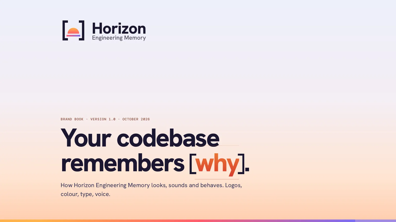 A page from the Horizon brand book: the cover with the logo and the headline Your codebase remembers why