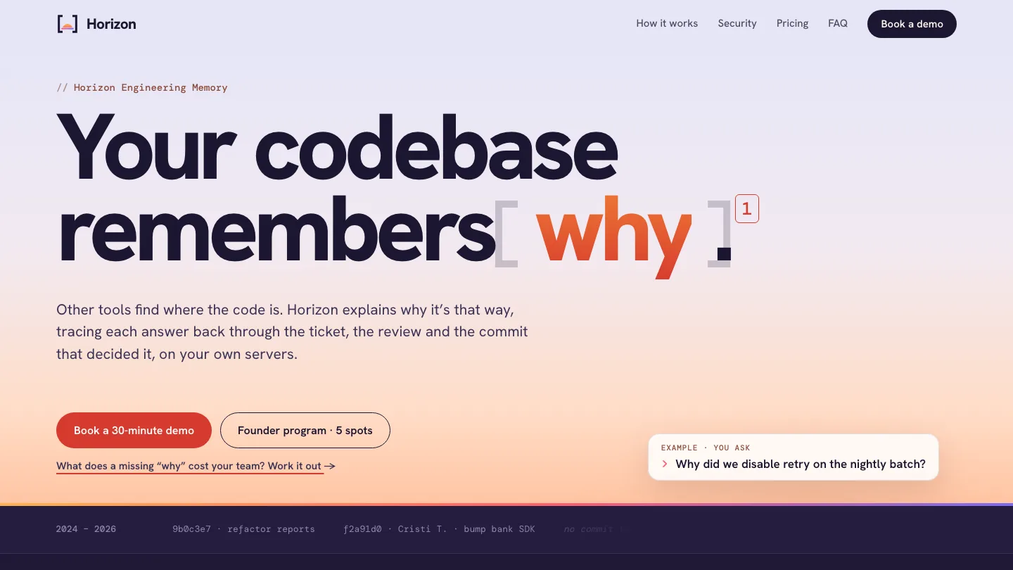 A screenshot of the Horizon landing page, with the headline Your codebase remembers why