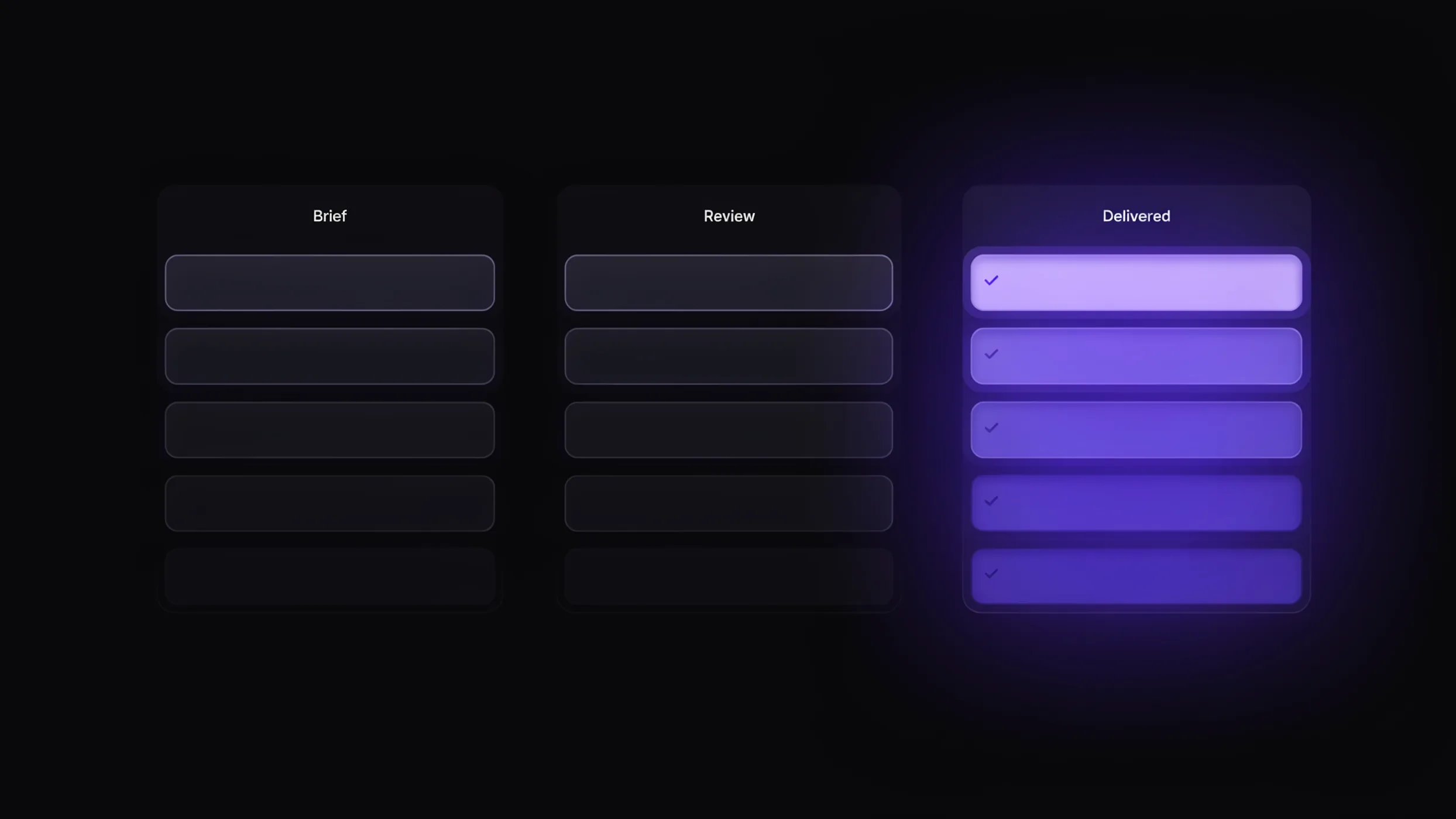Illustration: A project board with three columns, Brief, Review and Delivered, the cards moving across to a glowing Delivered column