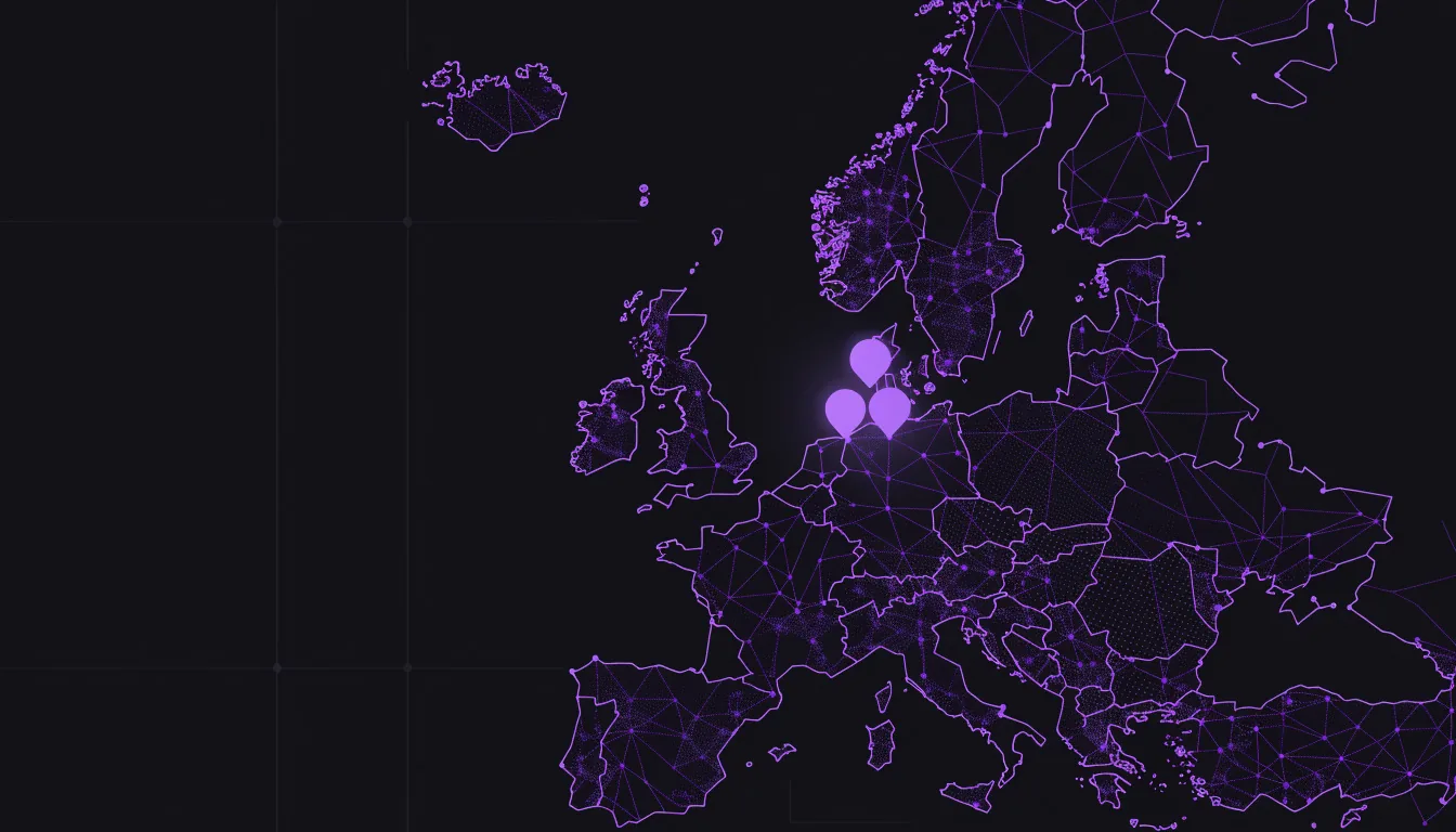 Illustration: A map of Europe made of fine lines and dots, a few markers lit as the chosen entry points